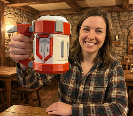 Detail view of Deep Rock Galactic Red Rock Mug 3D print quality and multi-color PLA filament layers
