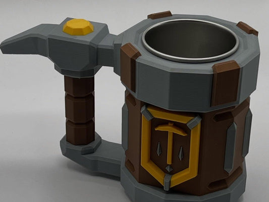 Detail view of Deep Rock Galactic Tunnel Rat Mug 3D print quality and multi-color PLA filament layers